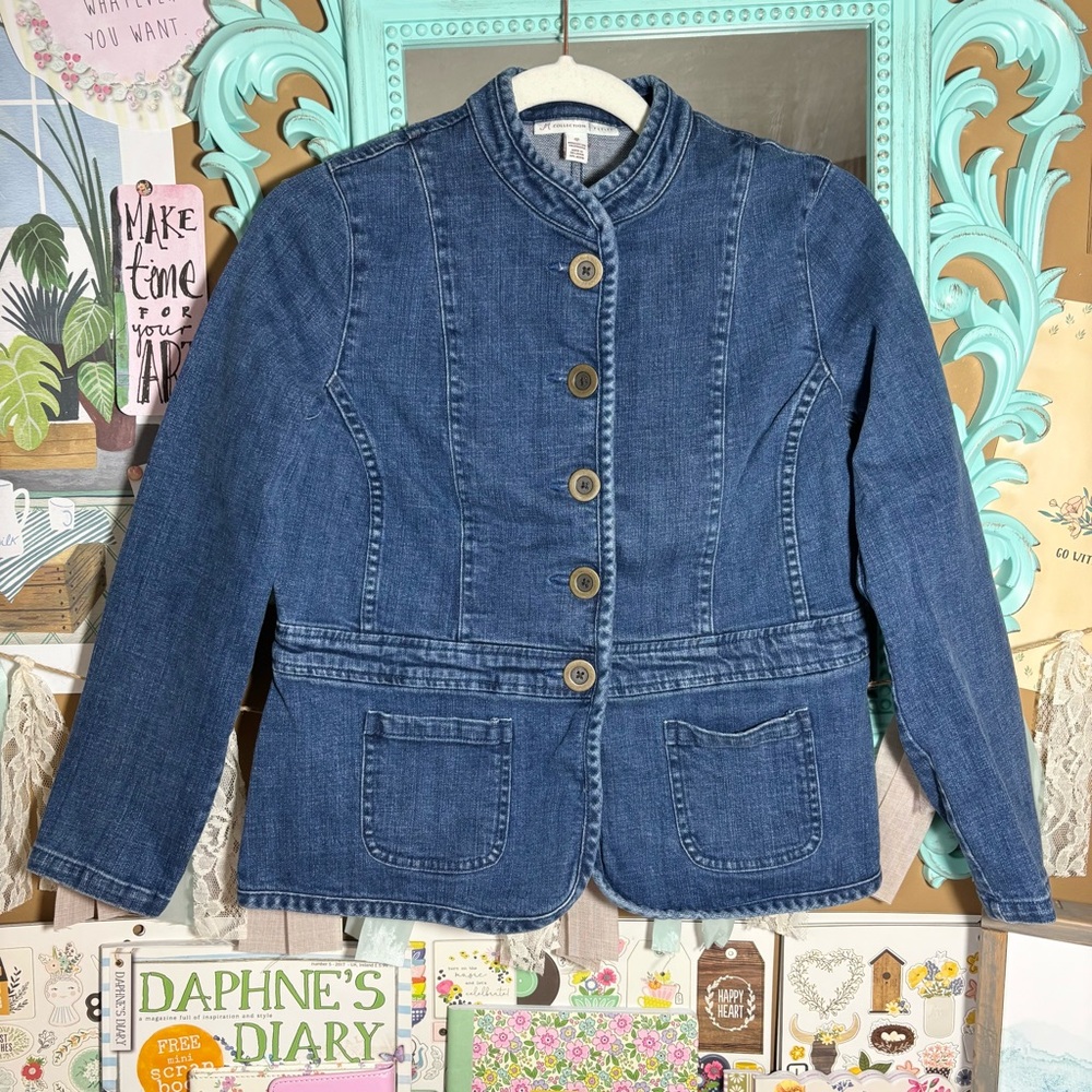 JM Collection Denim Jean Jacket Mandarin Collar Women’s Petite Size 4P Layering